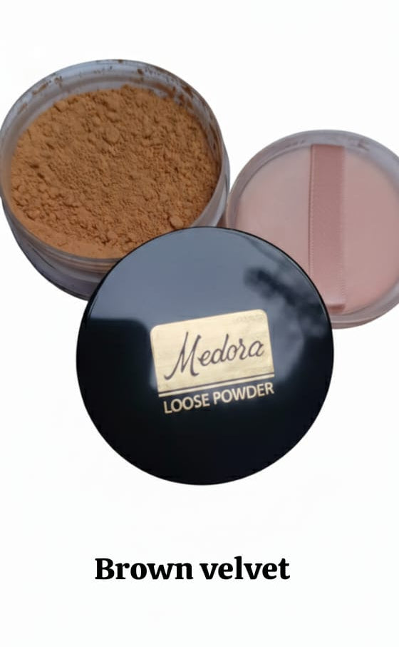 Medora Brown Velvet Loose Setting Powder; lightweight matte finish for oil control on rich, deep skin tones