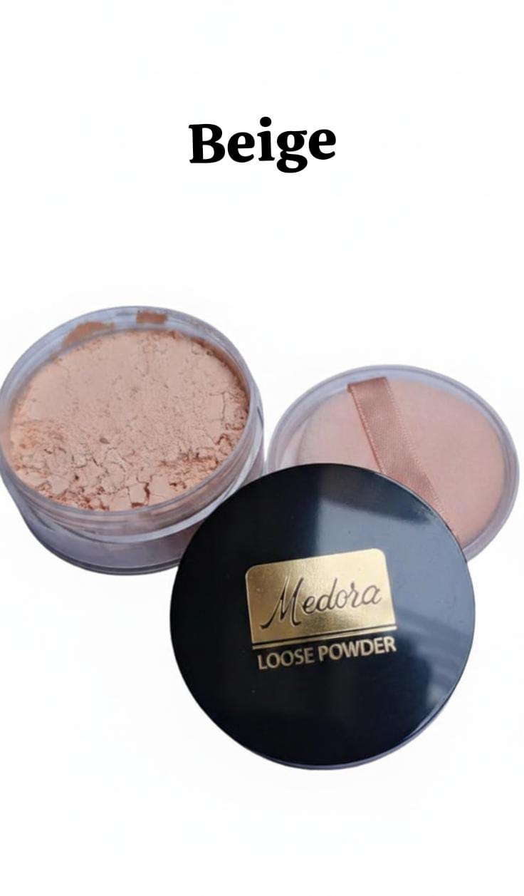 Medora Beige Loose Setting Powder; lightweight matte finish for shine control and a natural, even skin tone.