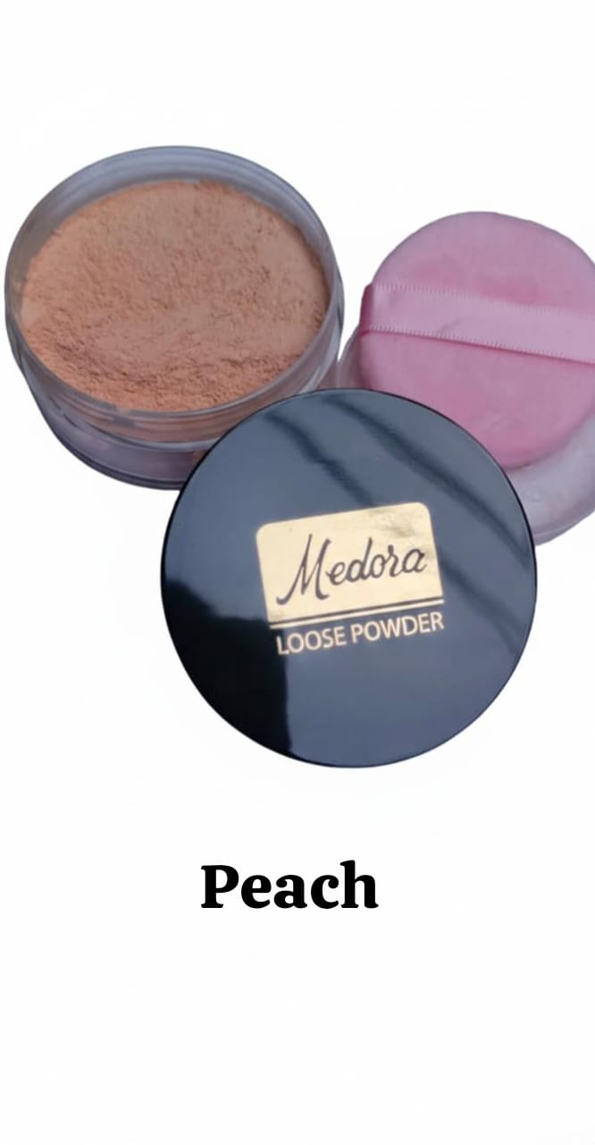 Medora Peach Loose Setting Powder; brightening matte finish to neutralize dullness and set makeup all day.