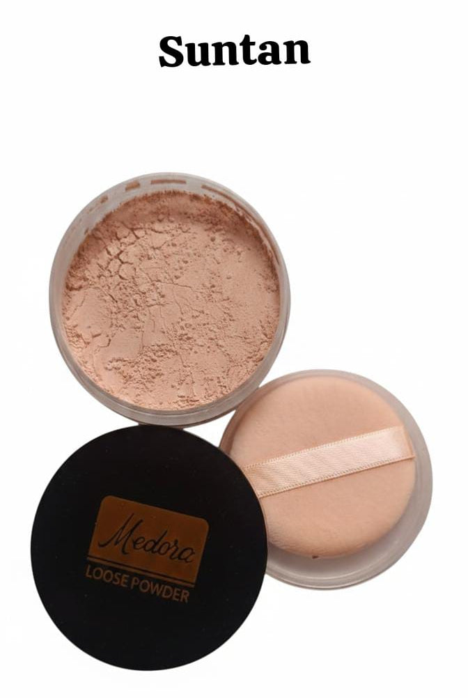 Medora Suntan Loose Setting Powder; lightweight matte finish for a warm, sun-kissed glow and oil control.