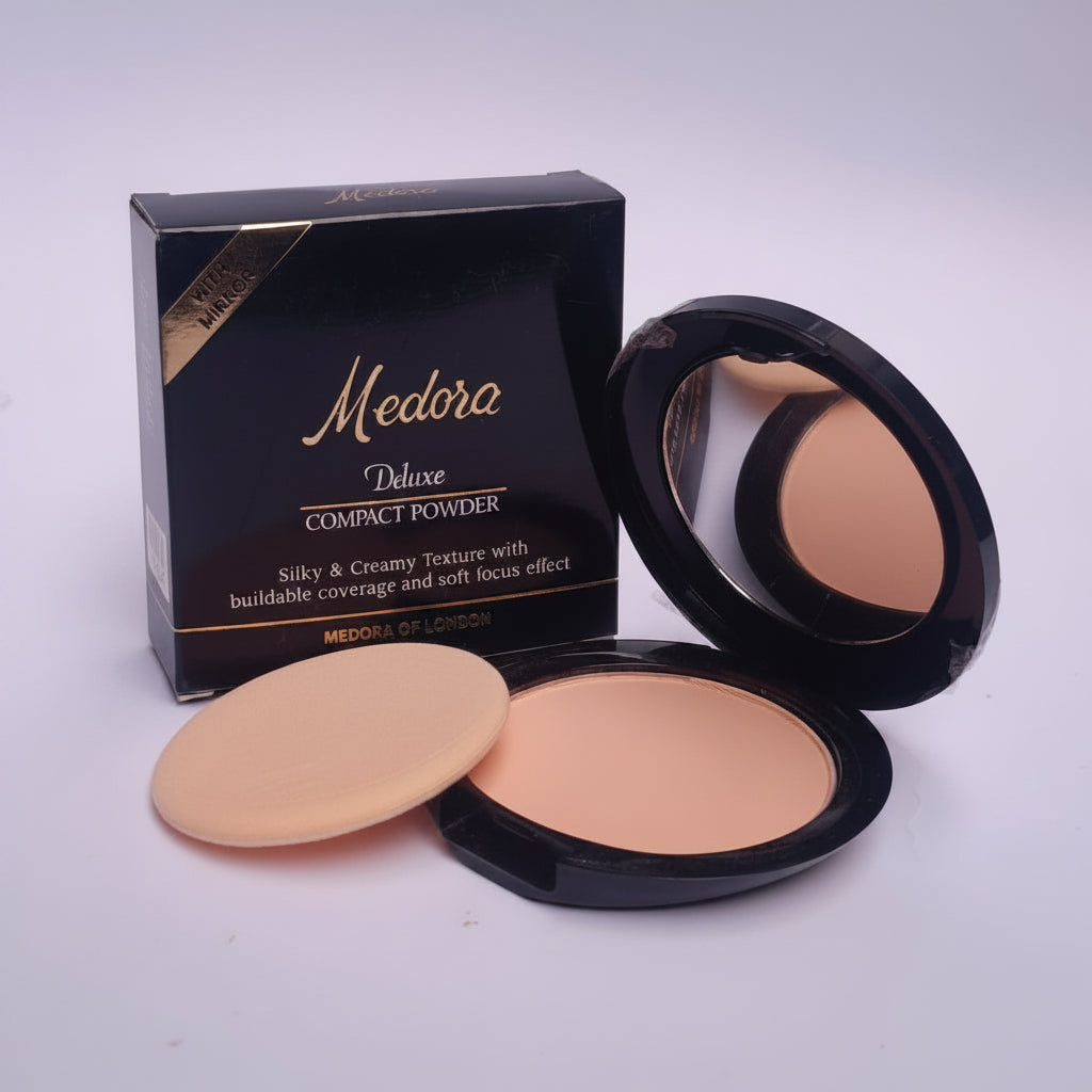 Open Medora Deluxe Compact Powder, Mauve shade, featuring a built-in mirror and soft applicator sponge.