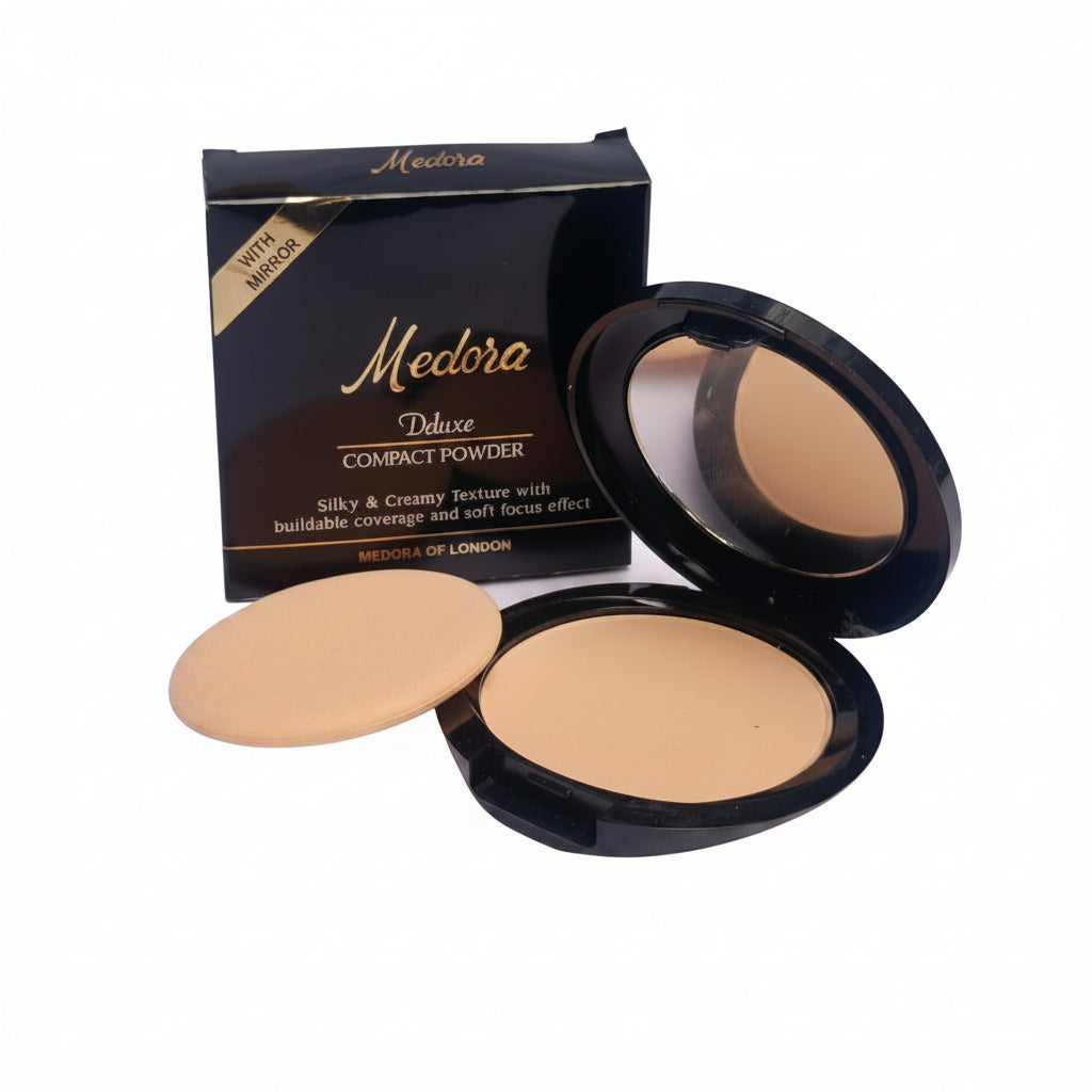 Open Medora Deluxe Compact Powder, Ocre shade, featuring a built-in mirror and soft applicator sponge.