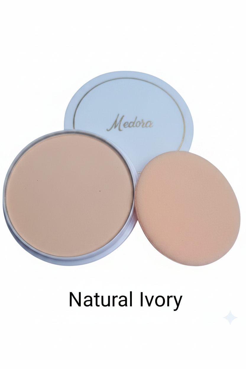 Medora face powder compact in Ivory; long-lasting matte pressed powder for a smooth complexion