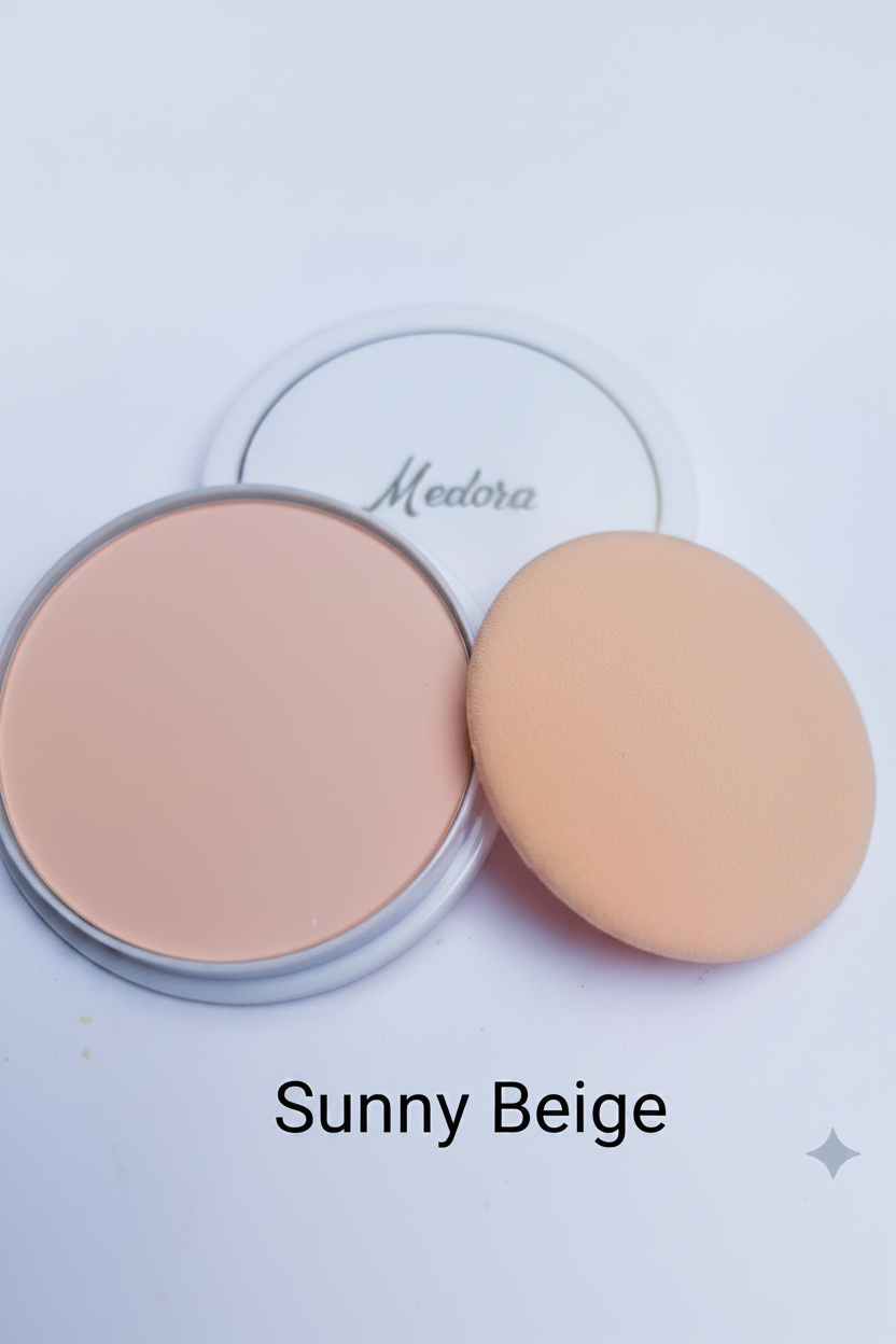 Medora face powder compact in Sunny beige; long-lasting matte pressed powder for a smooth complexion