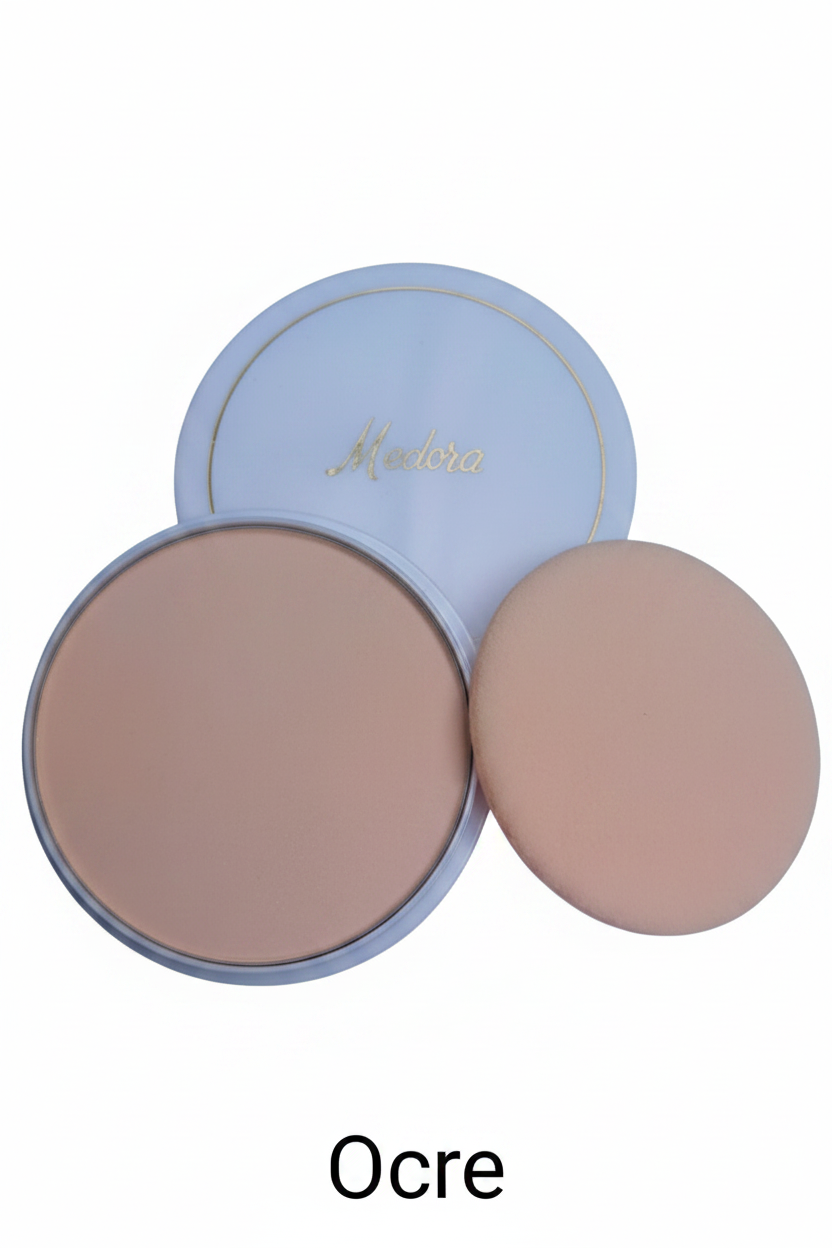 Medora face powder compact in Ocre; long-lasting matte pressed powder for a smooth complexion