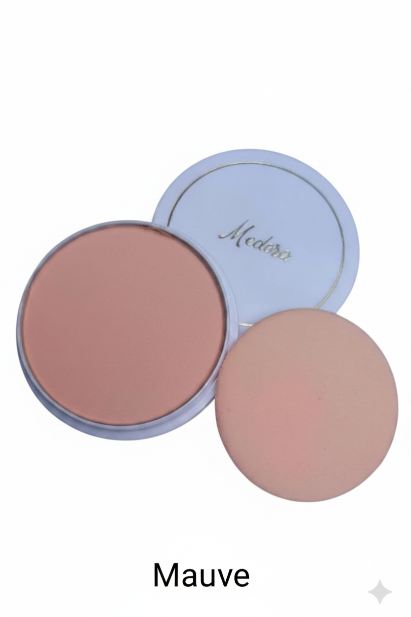 Medora face powder compact in Mauve; long-lasting matte pressed powder for a smooth complexion
