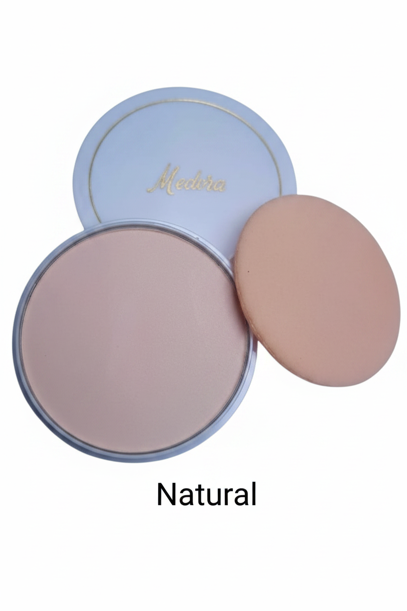 Medora face powder compact in Natural; long-lasting matte pressed powder for a smooth complexion