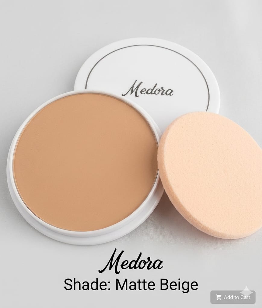 Medora face powder compact in Matte beige; long-lasting matte pressed powder for a smooth complexion