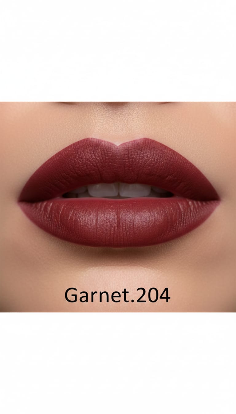 Medora matte lipstick shade 204 garnet on lips - Maroon colours collection 