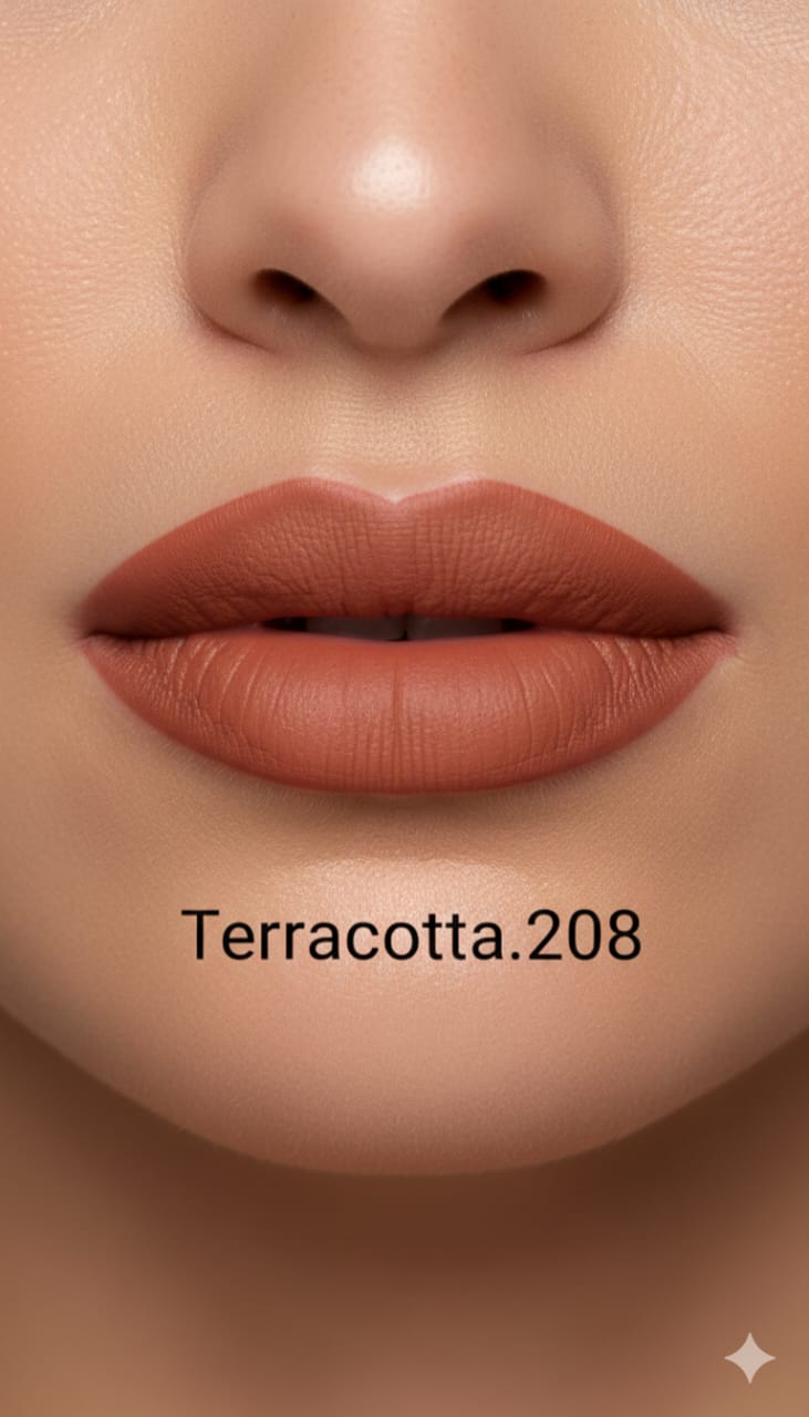 Medora matte lipstick shade 208 terracotta on lips - Brown colours collection 