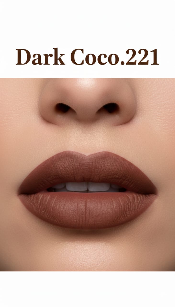 Medora matte lipstick shade 221 dark Coco on lips - brown colours collection 