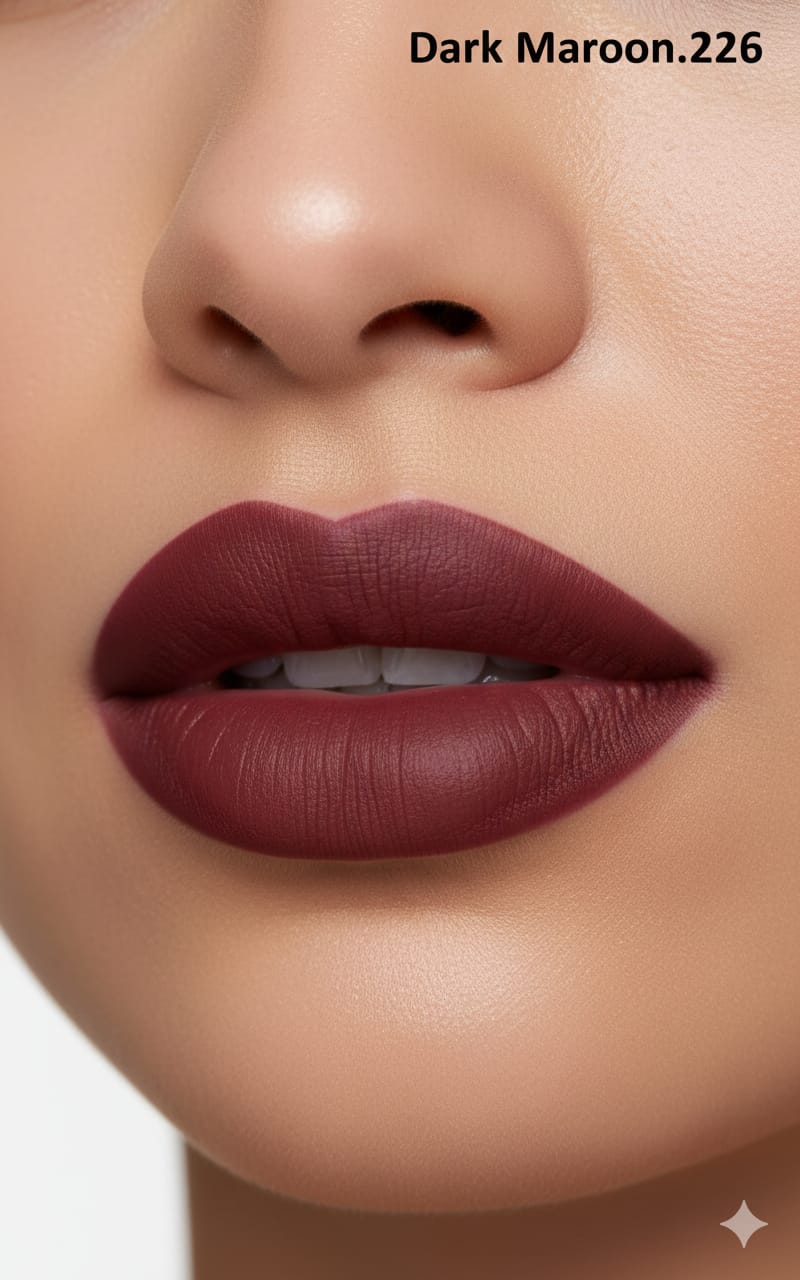 Medora matte lipstick shade 226 dark maroon on lips - Maroon colours collection 