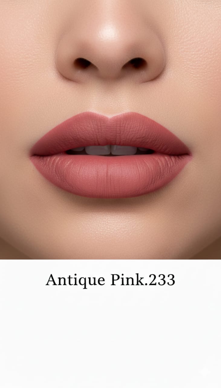 Medora matte lipstick shade 233 antique pink on lips - Pink colours collection 