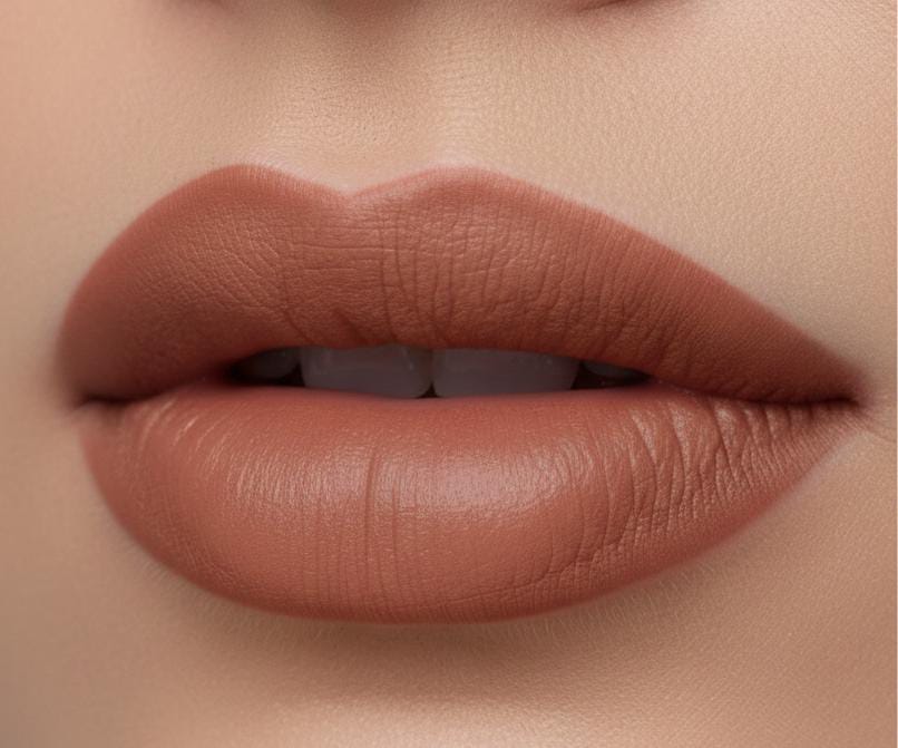 Medora matte lipstick shade 552 peach silk on lips - Skin/Nude colours collection 
