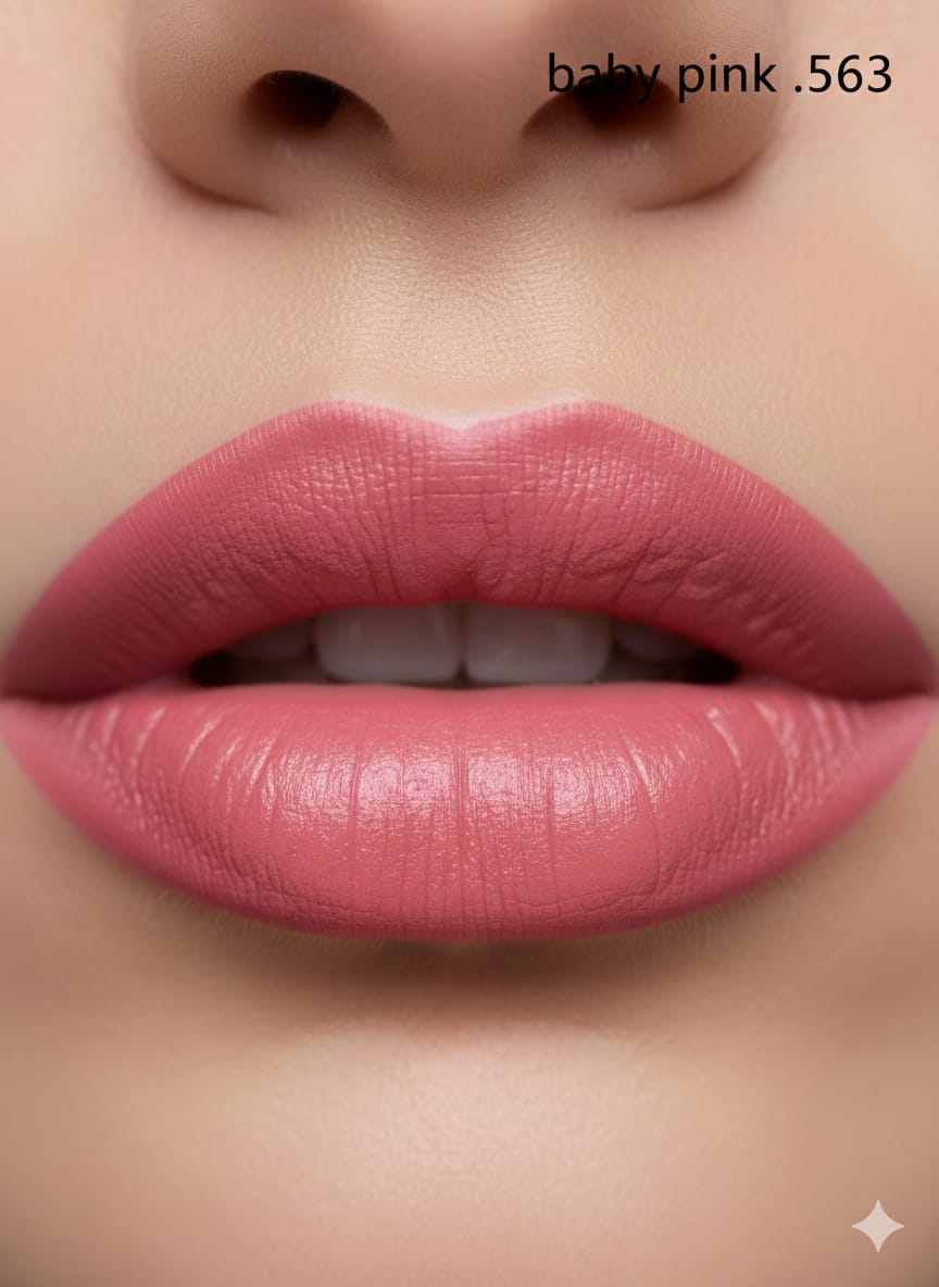 Medora matte lipstick shade 563 baby pink on lips - Pink colours collection 