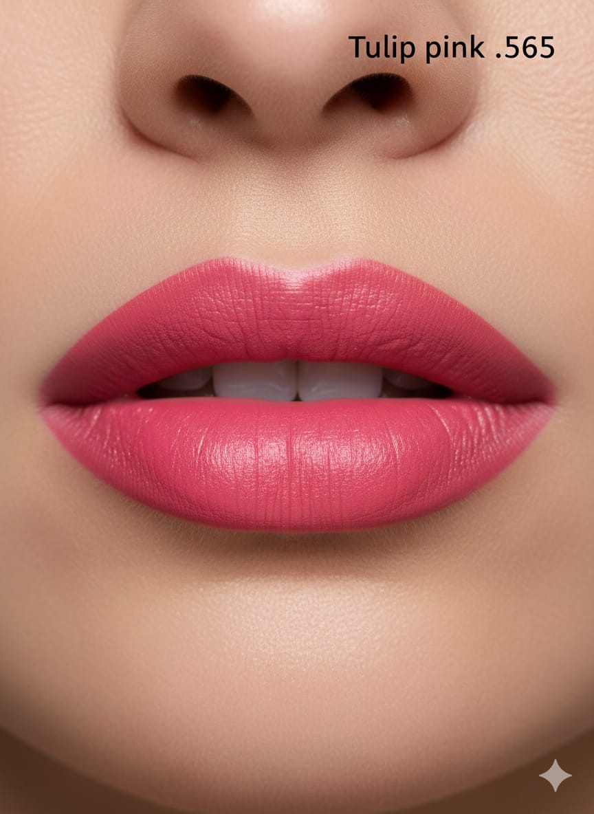 Medora matte lipstick shade 565 tulip pink on lips - Pink colours collection 