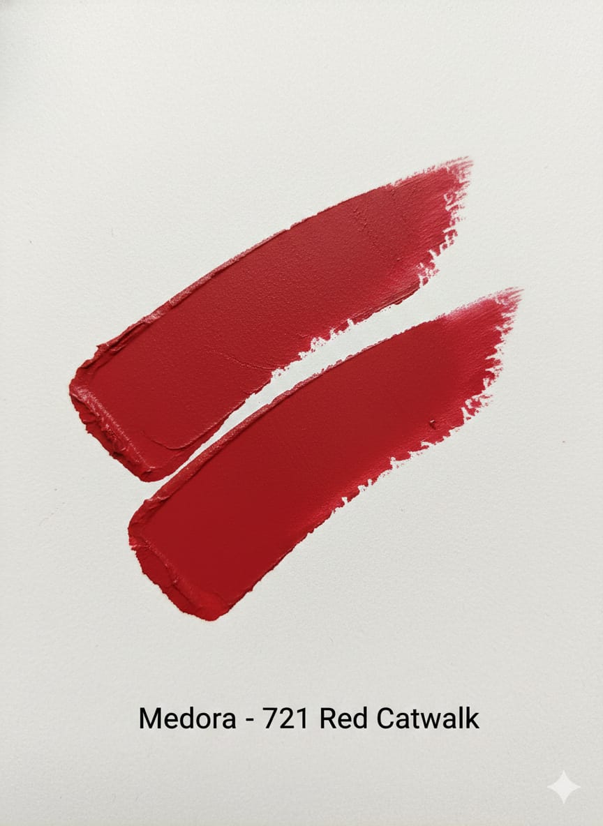 Medora semi matte lipstick Shade 721 Redcatwalk swatch - Red colours collection 