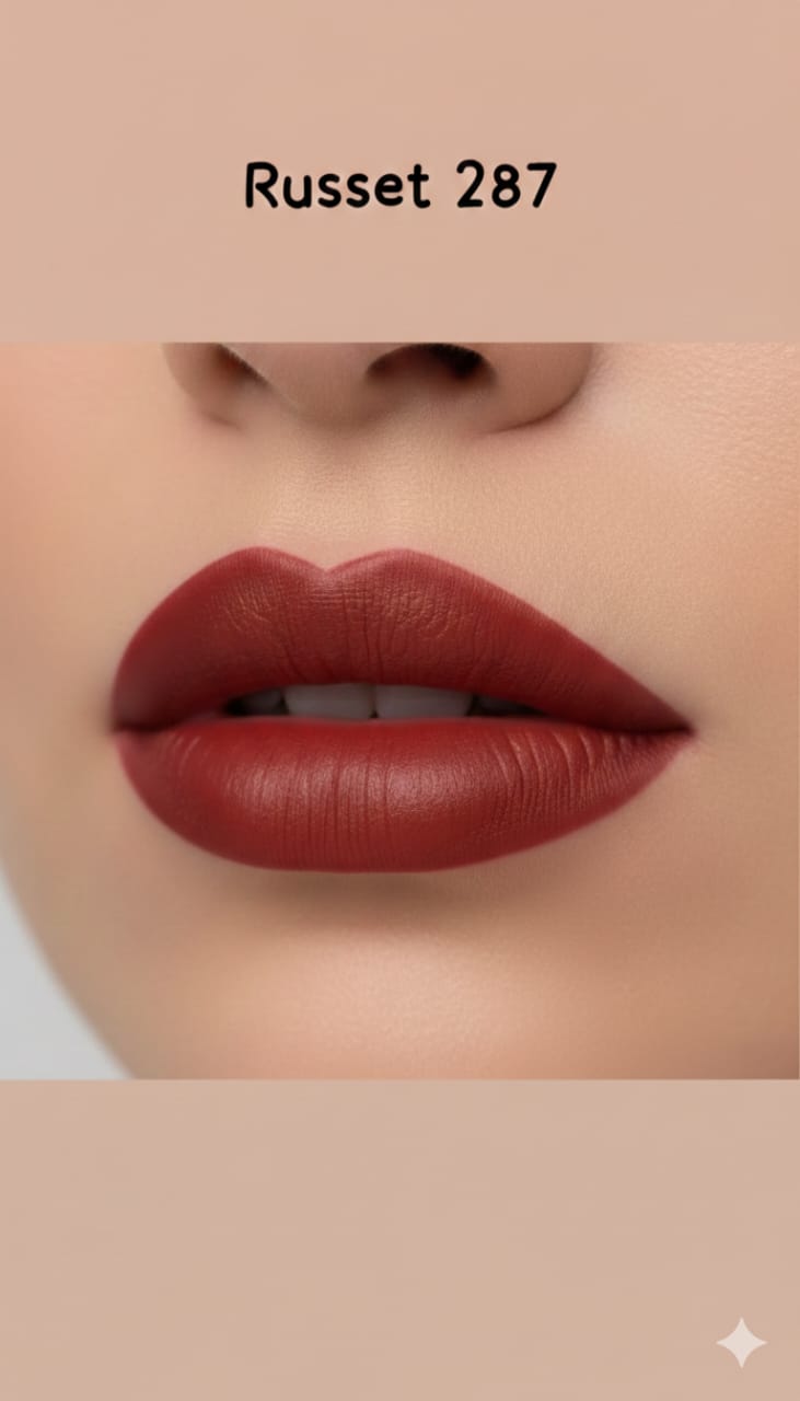 Medora matte lipstick shade russet on lips - Orange colours collection 