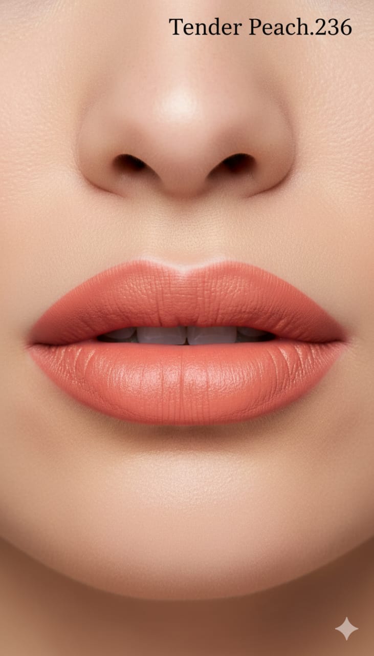 Medora matte lipstick shade 236 tender peach on lips - Peach colours collection 